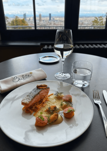 Plat gastronomique (pavé de saumon) du restaurant Bulle avec vue sur Lyon